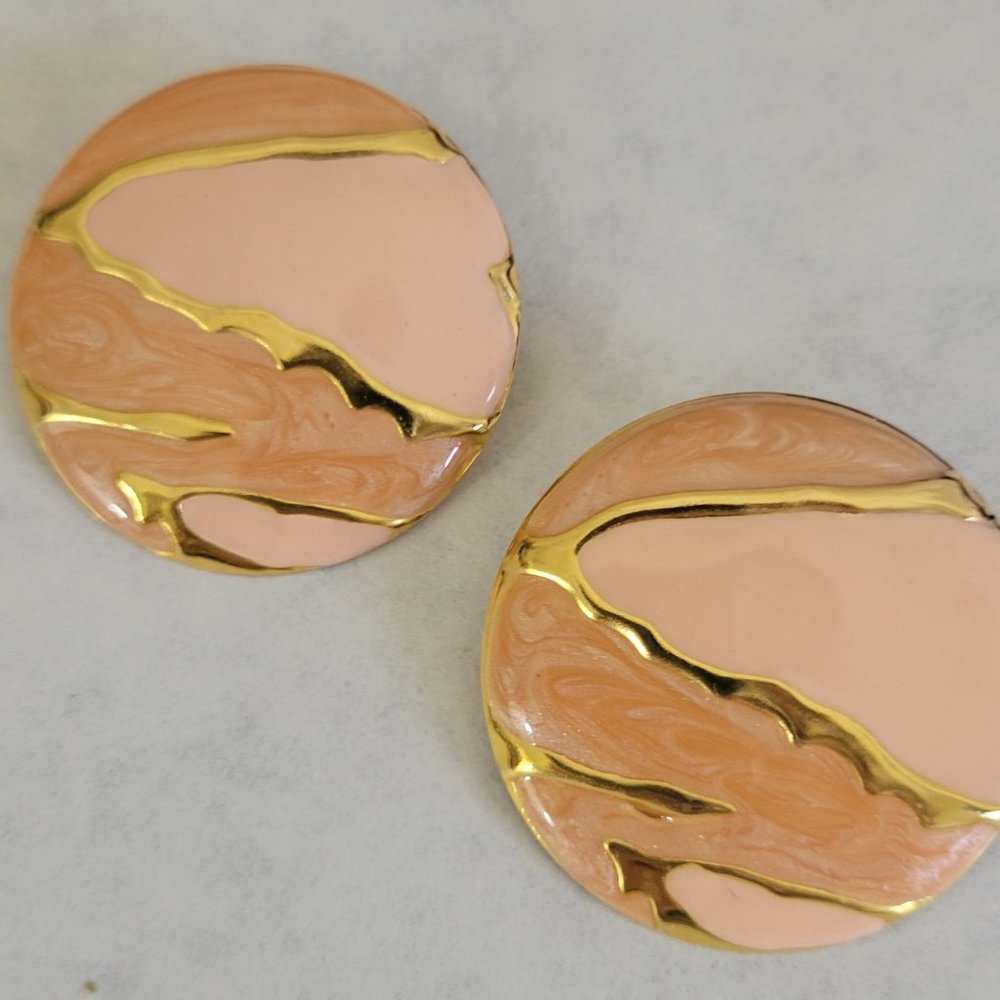 Large Round Pink and Gold Tone Stud Earrings ( salmon pink)